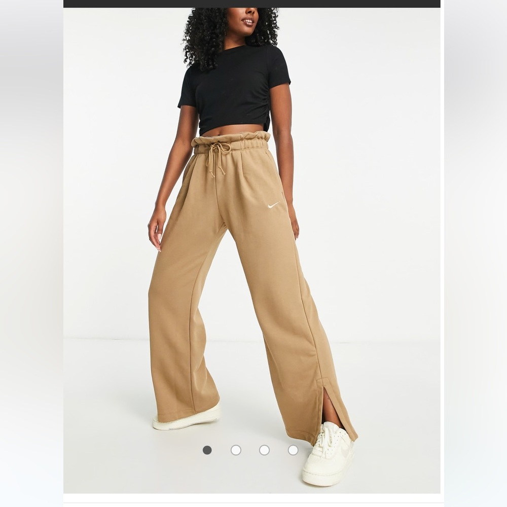 Nike Wide Leg Drawstring Sweatpants in Tan with White Swoosh